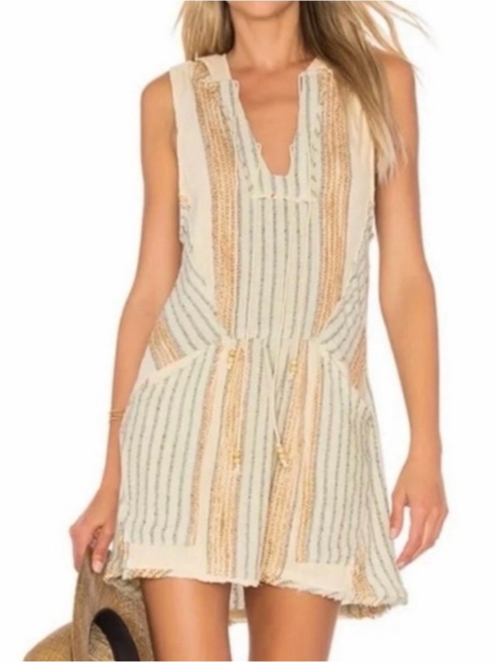 Free People All Right Now V-Neck Tunic Dress in Cream & Gold